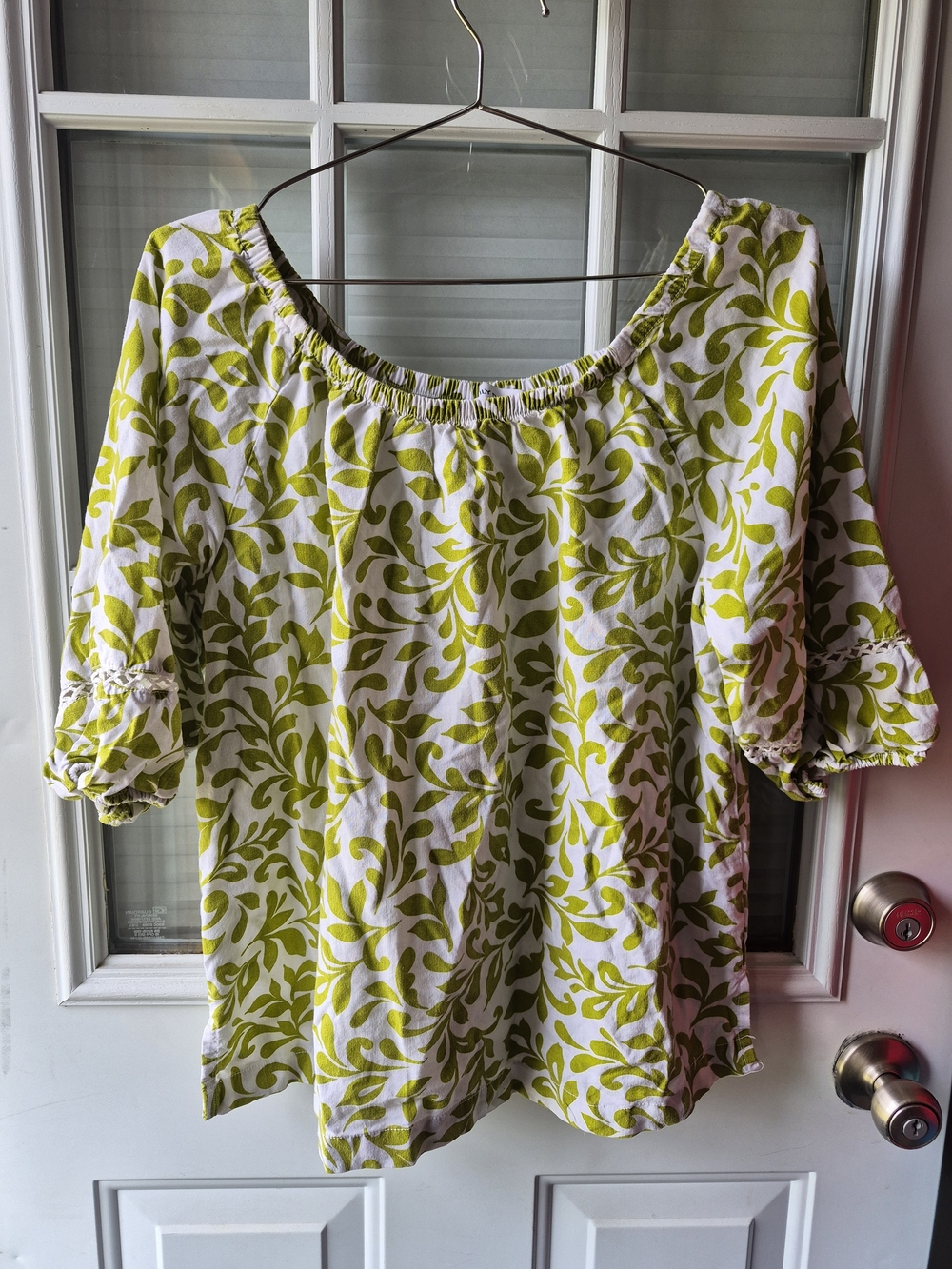 Emily Daniels Women’s Lime Green Leaf-Print Linen Off-Shoulder Top